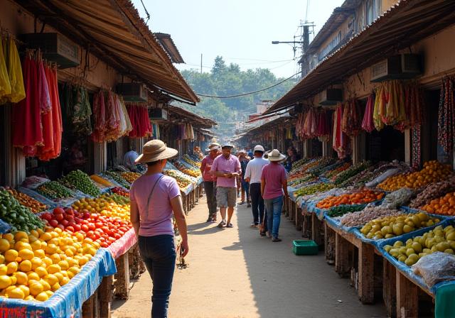 A vibrant and colorful market in Southeast Asia with locals and fresh produce.